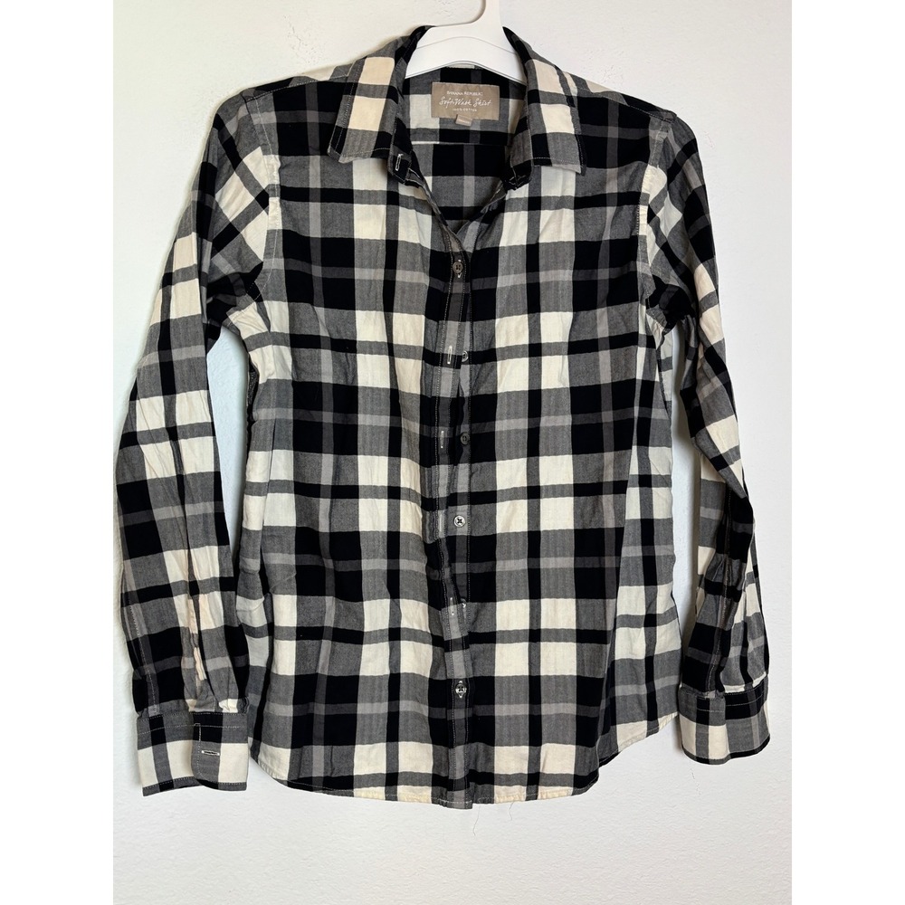 Banana Republic Soft-Wash Shirt Black White Buffalo Plaid Cotton Button Down M